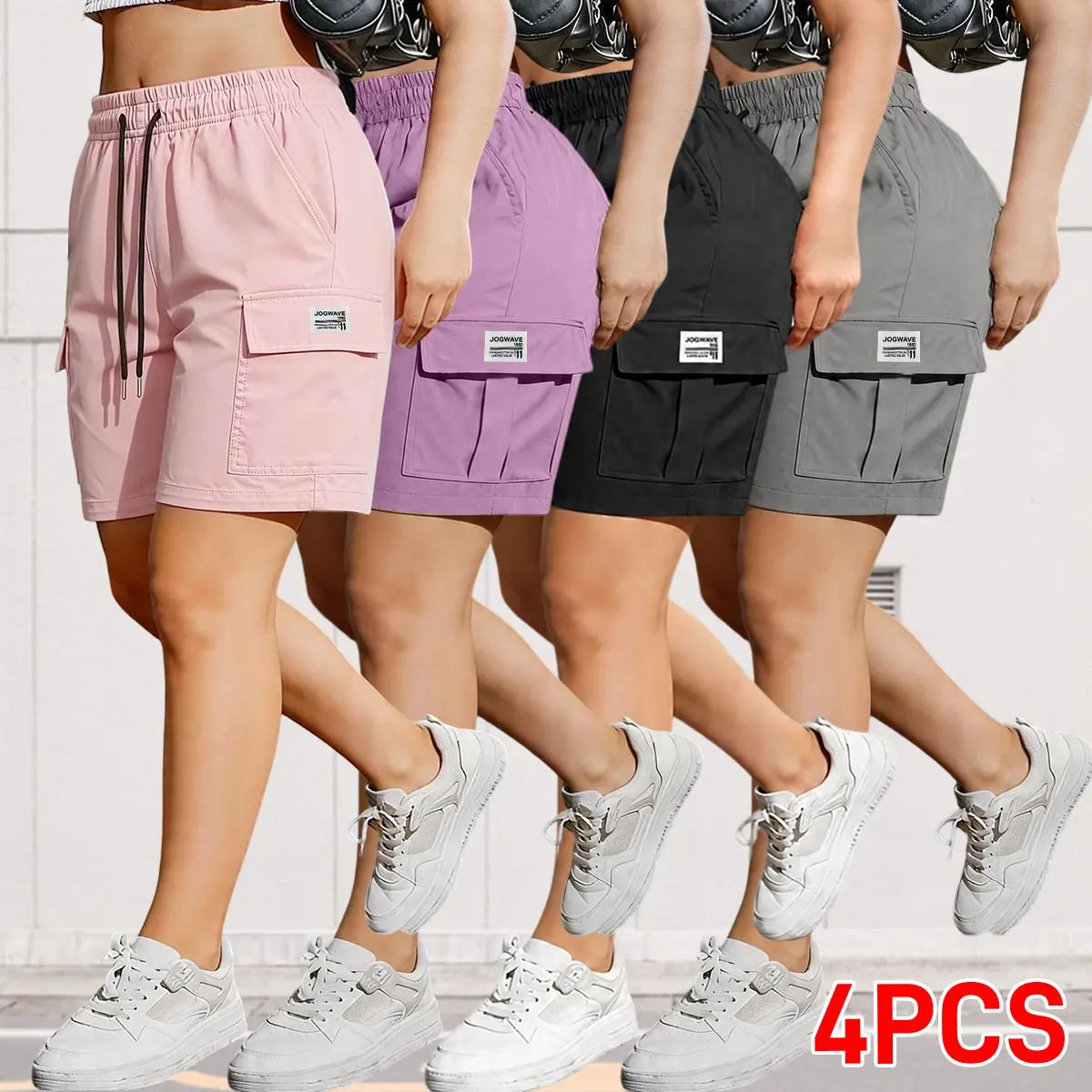 Women's 4-Pack Outdoor Cargo Bottoms, Elastic Waistband with Drawstring Tie, Breathable Polyester Knee-Length Summer Shorts, Multiple Pockets, Ideal for Everyday Work & Beach Vacations, Available in Multiple Sizes