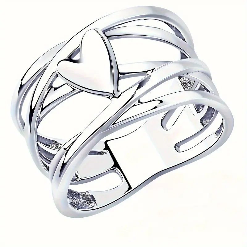 Vintage Silvery Cross-Heart Ring - Bold Design with Wide Band, Classic Edgy Style Jewelry for Romance & Commitment