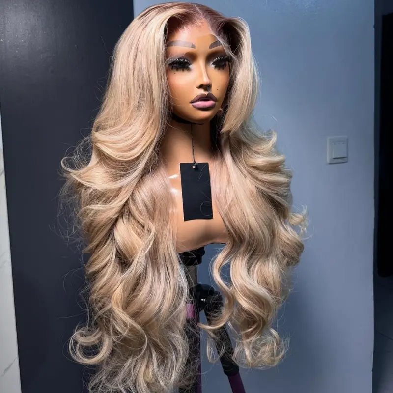 HANA HAIR Women's 13x6 Transparent Lace Glueless Frontal Wig - Brown Root Ash to Ombre Milk Tea Blonde, 180% Density Loose Body Wave, Pre-Plucked with Baby Hair, 28/30/32in Long for Summer, Lace Glueless Wig