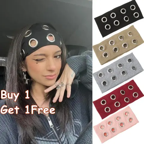 AWAYTR Buy 1 Get 1 Free Soft Wide Elastic Band Headbands for Women - 7.8 Inches Long, Assorted Colored, Hollowed-Out Eyelets, Punk Rock Gothic Style, Beach/Casual Use, Absorbent All-Year Hair Accessory