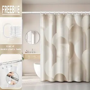 2D Flat 1Pc Light Brown Arc Pattern Modern Minimalist Style Printed Shower Curtain, with Plastic Hooks, Suitable for Home and Hotel, Machine Washable Bathroom Curtain