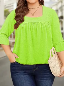 Plus Size Square Neck Ruffle Seven-Quarter Sleeve Top, Vintage Style Loose Fit Comfortable Shirt, Casual Retro Design Upper Garment, Blouse