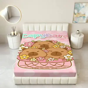 1Pc  Floral Capybara Fitted sheet Mattress Protector Cute theme, Capybara Print Breathable, Soft Comfortable Bedding Mattress Cover, for Bedroom Guest Room.