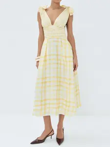 Women's V-Neck Watercolor Gingham Bow Shoulder Dress, Elegant Style, Perfect for Casual Wear, Stylish and Comfortable