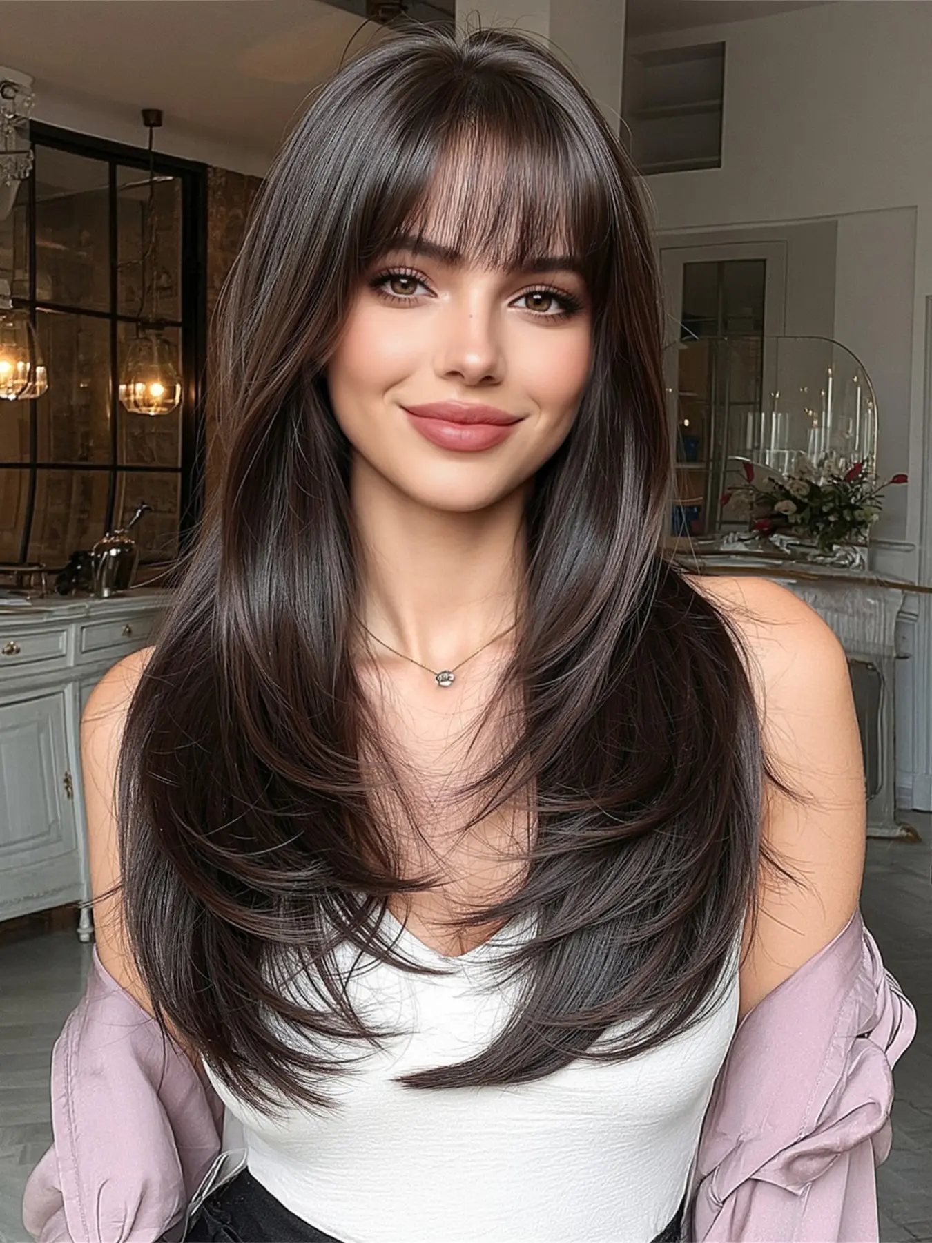 Long Straight Synthetic Wig with Bangs, 24 Inch Layered Women's Wig, Straight Layered Wigs, Heat Resistant, Suitable for Daily Commuting, Synthetic Hair Wigs, Fashion Wig, Layered Haircut Wig