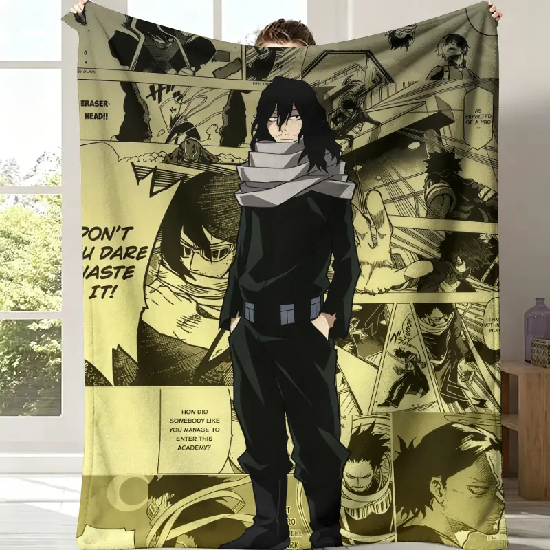 UA Teacher Soft Flannel Throw Blanket - All-Over Faded Tan My Hero Academia Manga Strip Collage, Aizawa Shota Eraser Head Design, Breathable All-Seasons Single Blanket for Sofa Lounge Nook Space