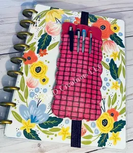 Deep pink basket weave print with elastic band pen holders for a planner, notebook bookmark without a pen, pen pouch