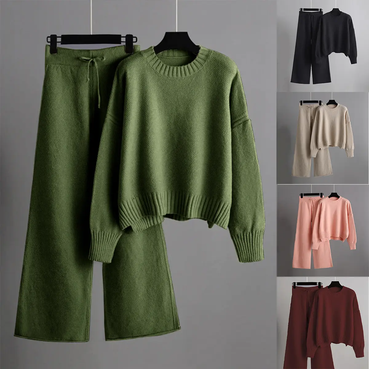 Women's Long Sleeves Two Piece Outfits Knit Pullover Sweater Top Wide Leg Pants Lounge Set Women's Oversized Round Neck Sweater