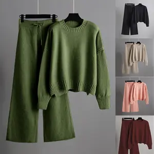 Women's Long Sleeves Two Piece Outfits Knit Pullover Sweater Top Wide Leg Pants Lounge Set Women's Oversized Round Neck Sweater