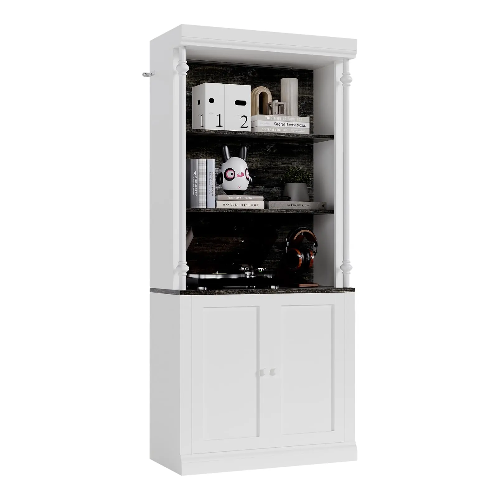 5-Tier Floor Standing Bookcase - Premium Open Bookshelf for Home Office & Living Room with Roman Columns, White & Warm White Cabinet, Dark Gray Shelves