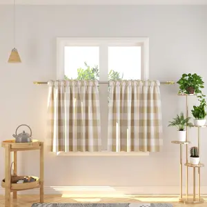Buffalo Check Kitchen Tier Curtains 30 Inches Long Plaid Gingham Rod Pocket Classic Cafe Curtains Country Farmhouse Half Window Curtains 2 Panels Beige & White