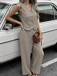 Two piece set of women's fashionable Fitted light and mature commuting suit with sleeveless Vneck vest and high waisted wide leg pants, suitable for summer, daily commuting to work, shopping, traveling, and casual temperament