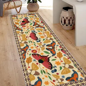 Boho Flower Runner Rug 2x6ft,Floral Washable Rugs,Bohemian Insect Indoor Carpet,Non Slip Mats for,Low Pile Carpet for Entrance Bedrooms Laundry Room