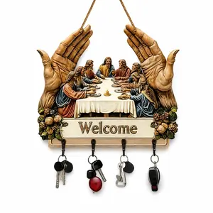 Flat Jesus and Disciples Wall Art Keychain,Wood Wall-Mounted Key Holder