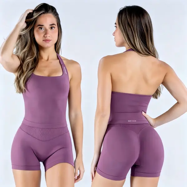 (With Logo)  DFYNE Halter Top Shorts Set- Seamless shaping design, hip-lifting design, women's sportswear set, suitable for variousoccasions such as yoga, fitness, cycling, hiking, running, sports, and outdoor leisure