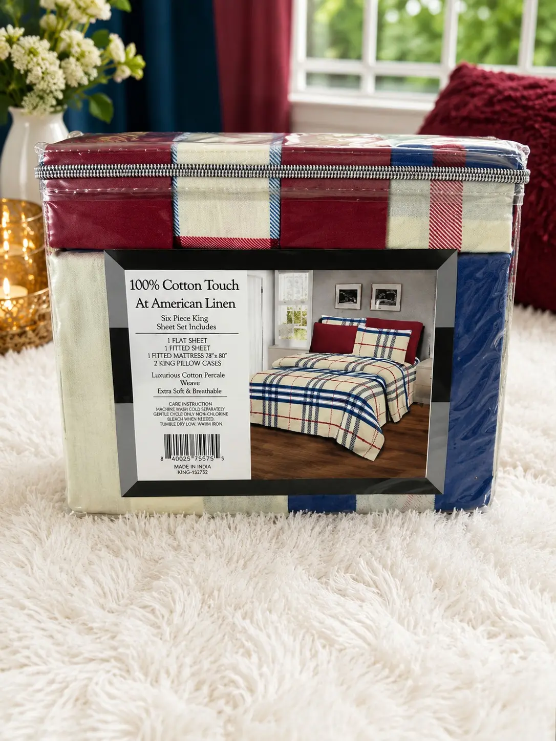 At American Linen 100% Cotton Touch 6pc Plaid King Bedding Set with 1 Flat Sheet 1 Fitted Sheet 2 Pillowcases 2 Shams