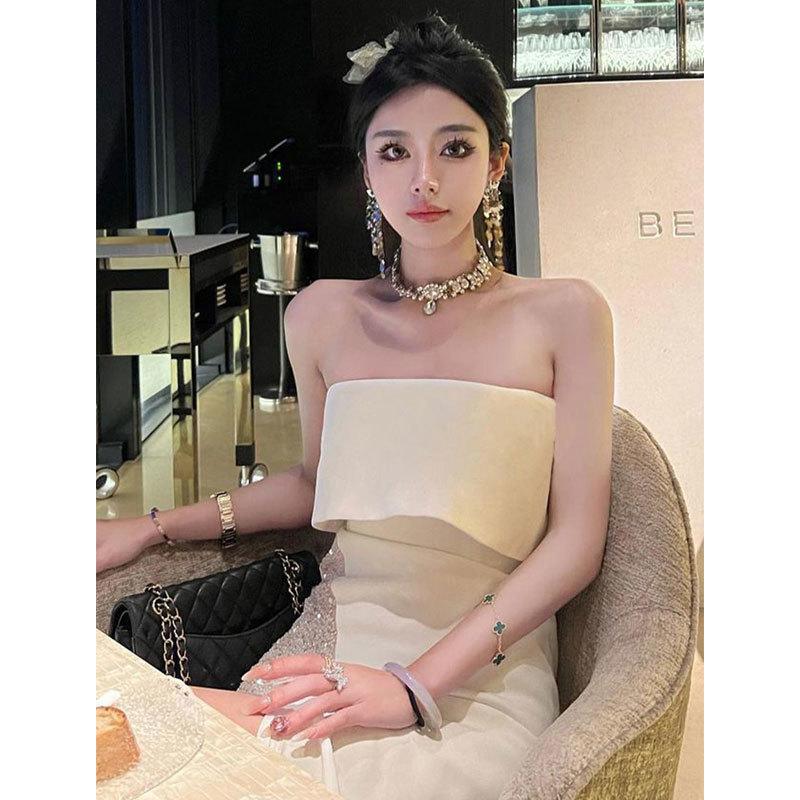 White strapless dress new French celebrity temperament high waist slit dress long skirt party birthday dress