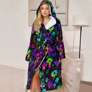 Women's Hooded Bathrobe, Soft Plush Long Robe, Colorful Mushroom Pattern, Perfect Gift for Mother and Wife, High-End Ladies' Loungewear,Christmas Gifts For GF