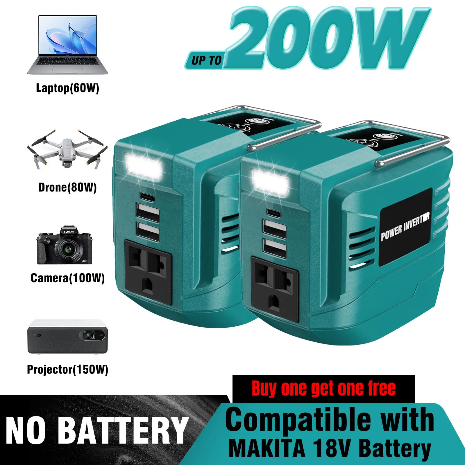【NO battery】Power Inverter for Makita 18V Battery/ Dewalt 20V/ For Milwaukee M18 Battery Portable Power Supply Inverter Convert - 200W DC 18V to AC 110V~120V Battery Powered Outlet with 2 USB&AC Power Station(Bare Tool Only)