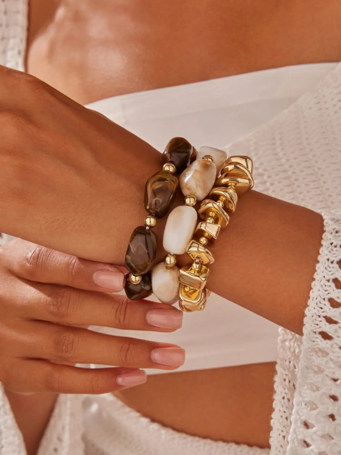 3pcs/set Vintage Resin Beaded Bangles Bracelets Set, Handmade Colorblock Design, Stackable Jewelry for Women, Casual Fashion Accessories, Beads Bracelets, Stacked Design Bracelets, Matching Bracelets, Beaded Bracelet Pack, Beaded Bracelet Sets