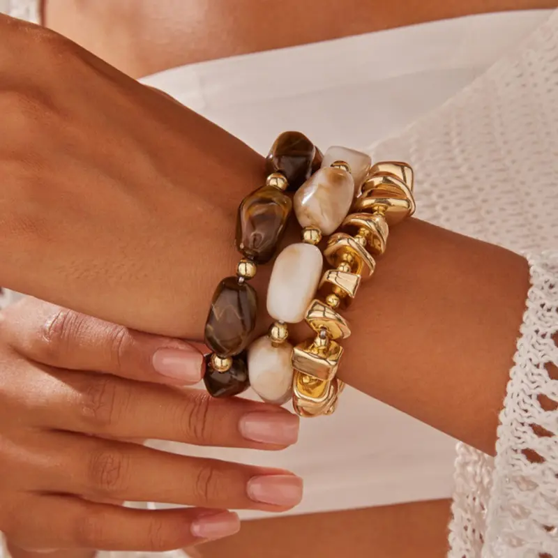 3pcs/set Vintage Resin Beaded Bangles Bracelets Set, Handmade Colorblock Design, Stackable Jewelry for Women, Casual Fashion Accessories, Beads Bracelets, Stacked Design Bracelets, Matching Bracelets, Beaded Bracelet Pack, Beaded Bracelet Sets