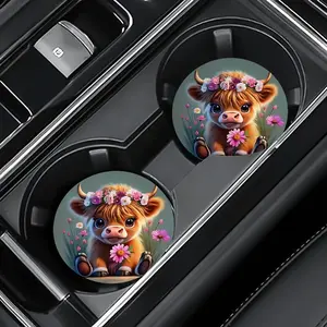 [Universal EVA Drink Mats] 2-Pack Cute Highland Cow Floral Car Cup Holder Coasters, 2.75 Inch Non-Slip EVA Drink Mats, Universal Vehicle Interior Accessories, Ideal Gift for Men and Women