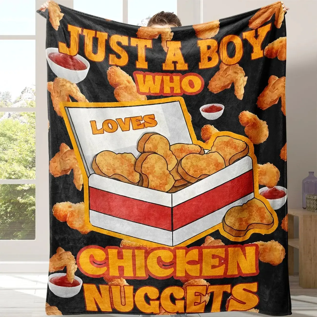 Cute Chicken Nugget Letter Print Flannel Throw Blanket, Ultra Soft Warm Polyester Cozy Nap Cover, Portable Multi-Purpose Blanket for Home Office Travel Camping, Funny Food Themed Decor Gift for Boys