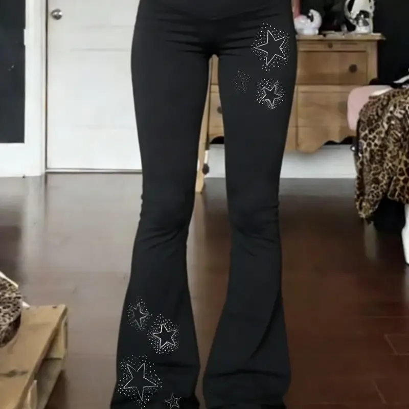 Women's Fitted Flared Leg Design Leggings, Vintage Gothic Star Pattern, Women's Everyday Athleisure Bottoms, Fitness Yoga Pants, Suitable for All Seasons Yoga Wear