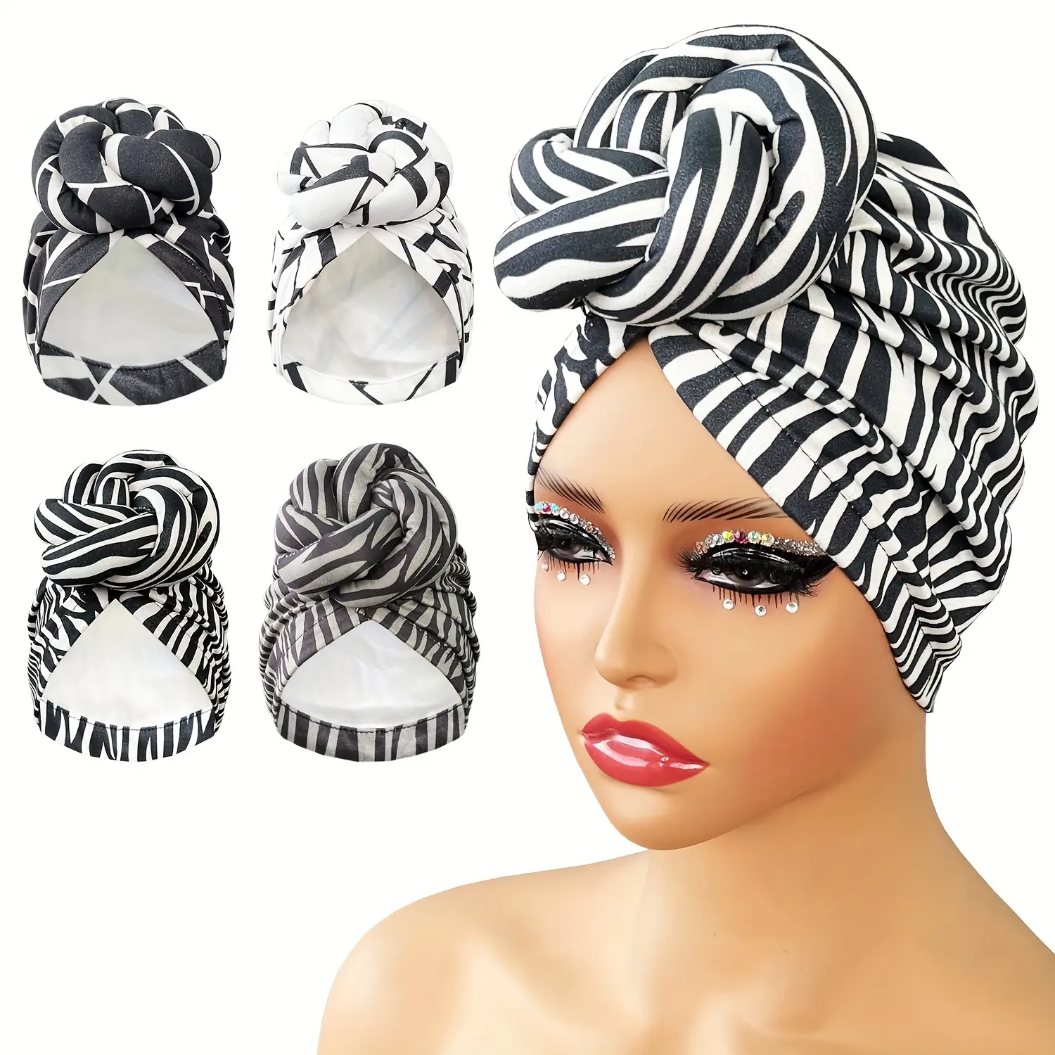 Pre-Made Knotted Turban Hat Trendy Zebra Print Head Wraps Elegant Pleated Beanies Headscarf for Women