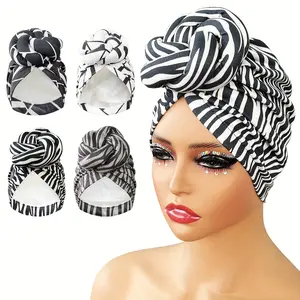 Pre-Made Knotted Turban Hat Trendy Zebra Print Head Wraps Elegant Pleated Beanies Headscarf for Women