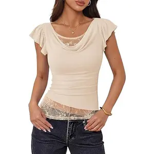 ZESICA Women's Summer Ruffle Short Sleeve Lace Tops Cowl Neck Solid Color Trendy Work Shirts Going Out Blouses