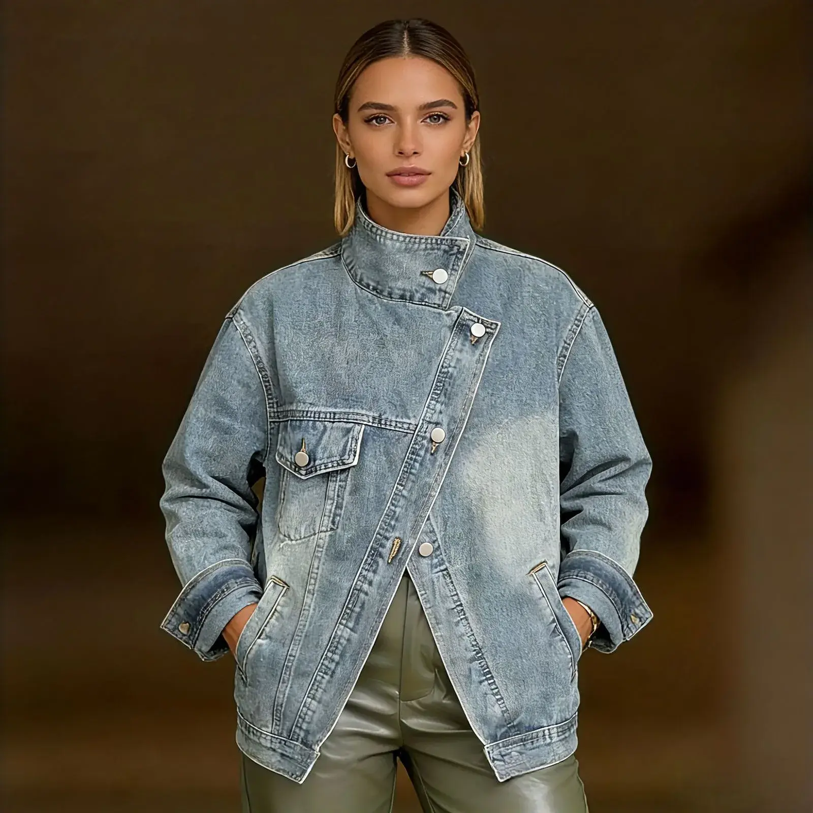 Women's Vintage Washed Denim Jacket, Casual Long Sleeve Street Style Coat with a High Neck, Comfortable Loose Fit