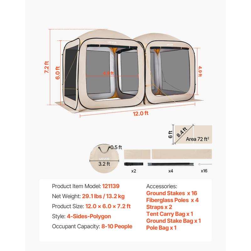 VEVOR Screen House Tent, 12 x 6 ft, 2 in 1 Pop Up Screen Tent, Portable Screened in Canopy with Carry Bag, Netting Sides, Ground Stakes, for Garden, Patio, Backyard, and Outdoor Activities, Beige