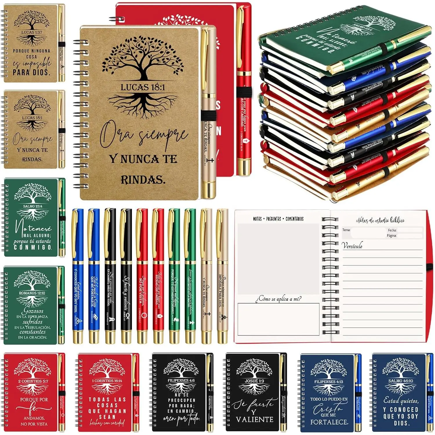 60 count/ 30 Set Father's Day Christian Gifts Bulk Prayer Journal Spiral Notebooks with  Verse Pen Tree of Life Scripture Notepad for Religious Church Men Dad Women (60, Spanish Special)