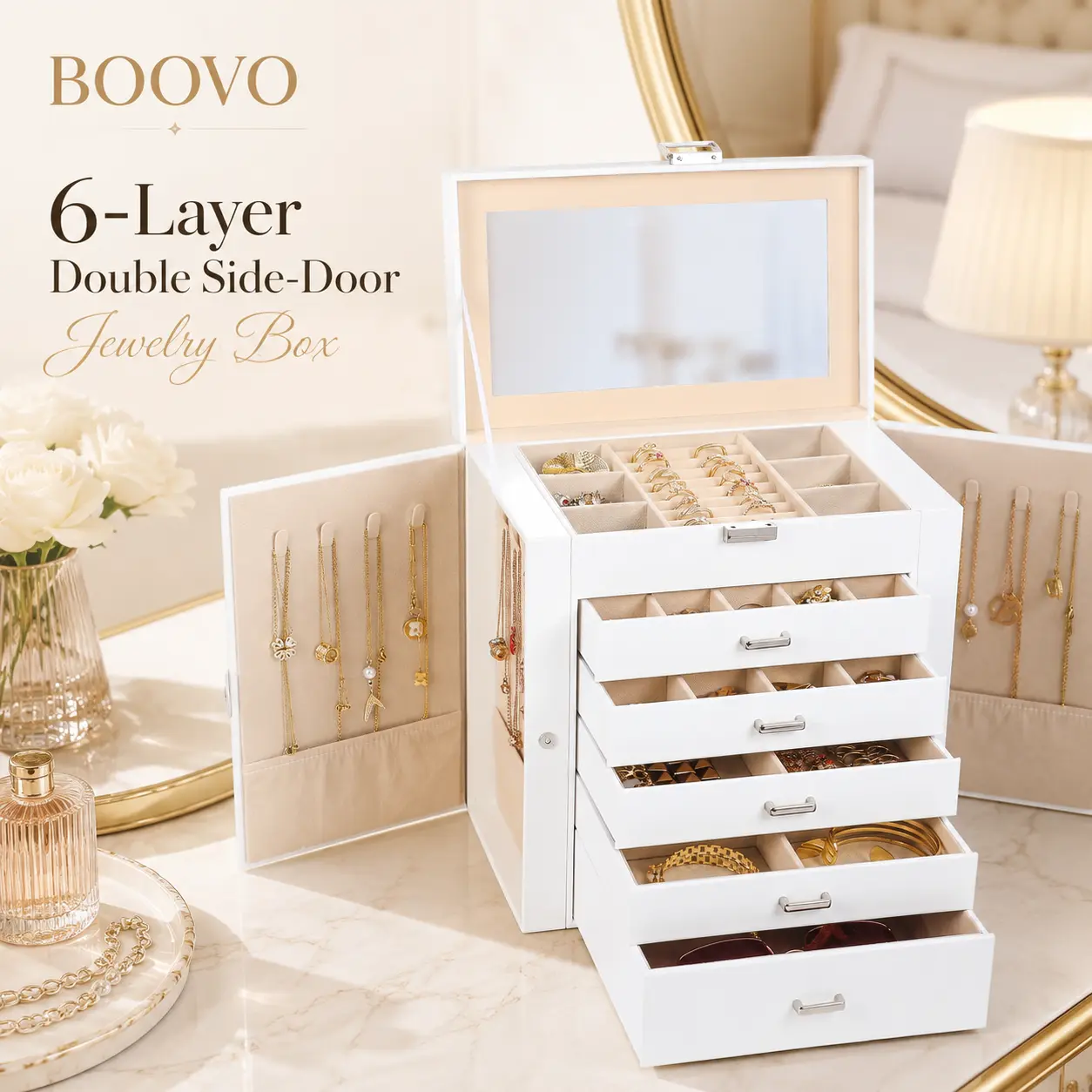 BOOVO（Ivory White）Modern 6-Layer Jewelry Organizer Box for Women - Large Jewelry Storage Box with Glass Lid & Mirror, PU Leather Jewelry Holder, Anti-Tarnish Velvet Lining for Necklaces, Rings & Earrings, Elegant Gift for Her