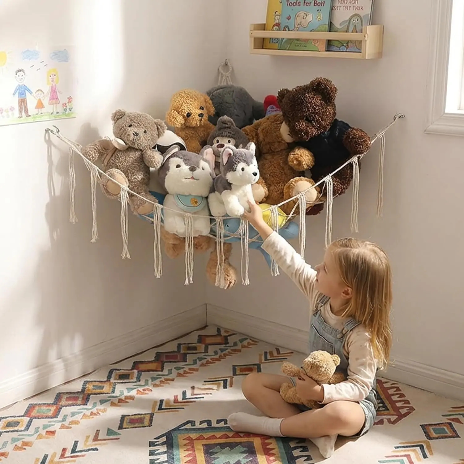 Cream M Size Macrame Corner Wall Hammock Net - Synthetic Modern Durable Large Space-Saving Stuffed Plush Storage Organizer for Boho Playroom, Bedroom - Ideal for Mothers
