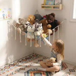 Macrame Corner Wall Hammock Net - Stuffed Plush Storage Holder Organizer for Boho Playroom, Bedroom - Cream, M - Ideal for Mothers, Mother