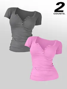 2 Pieces Women Tops Women's Solid Color Buttons V Neck Tee, Casual Short Sleeve T-shirt for Summer, Ladies Clothes for Daily Wear, Top