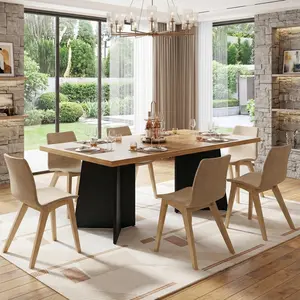 Garvee 63" Long Farmhouse Dining Table for 6-8 People with Extra Thick Tabletop and Heavy-Duty Metal Legs, Sturdy Rectangular Design for Dining Room, Conference Room, or Office in Natural & Black Finish