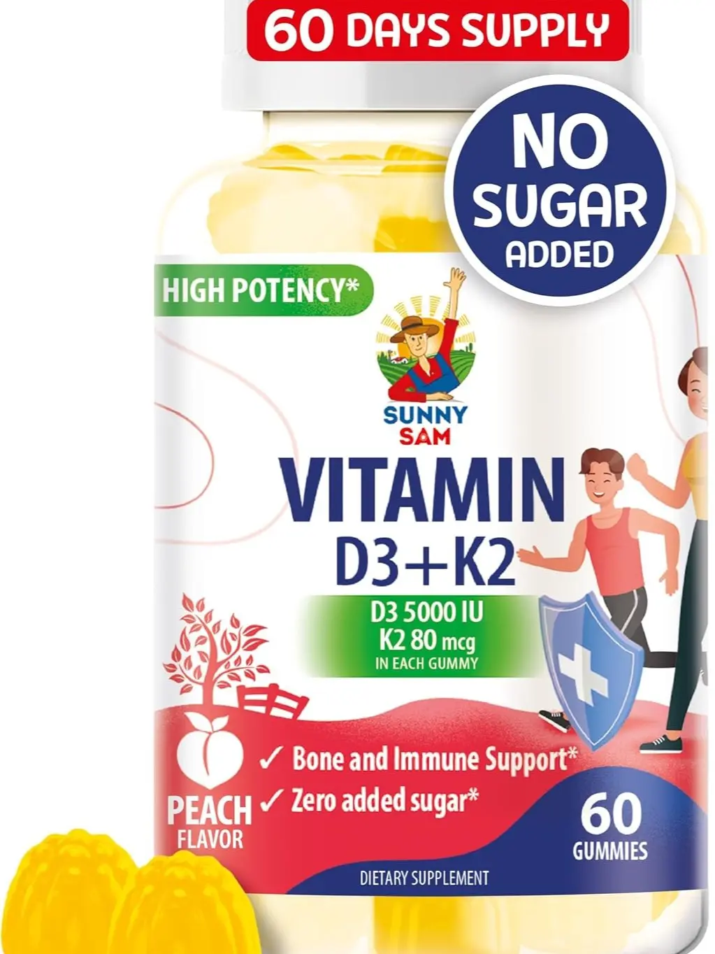 SUNNY SAM Sugar-Free Vitamin D3 K2 Gummies 5000 IU - Immune & Bone Support - Vitamin D Gummy Supplement for Adults - High-Absorption, Vegan, Halal, Gluten-Free Chewable Vitamins - 60 Count