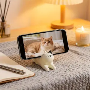 Stretching Cat Figurine — Calico Cat Phone Stand & Desktop Decor | Creative, Practical Accessory for Hands-Free Binge-Watching