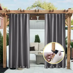 NICETOWN 2-Panel Weighted Blackout Curtains for Patio, Waterproof — grommets and back tabs at top and bottom, windproof outdoor blackout curtains for porch with bonus rope for fixing