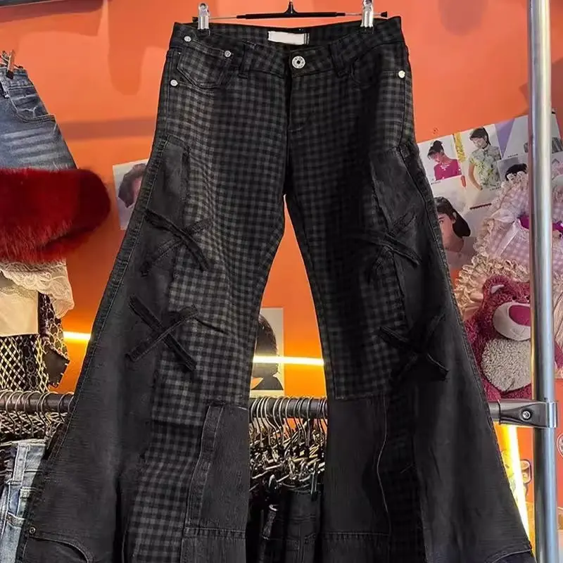 Women's Denim Casual Bottoms - 2026 Summer American Retro High-Street Millennium Style Black Patchwork Hot Girl Flared Streetwear Jeans