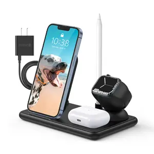 Wireless Charger, Wireless Charging Station, 4-in-1 Foldable Charger Stand, 15W Fast Charging Dock, Qi-Certified for iPhone 15/14/13/12/11 Pro Max, Samsung & Android Phones, Watch, AirPods and Pencil