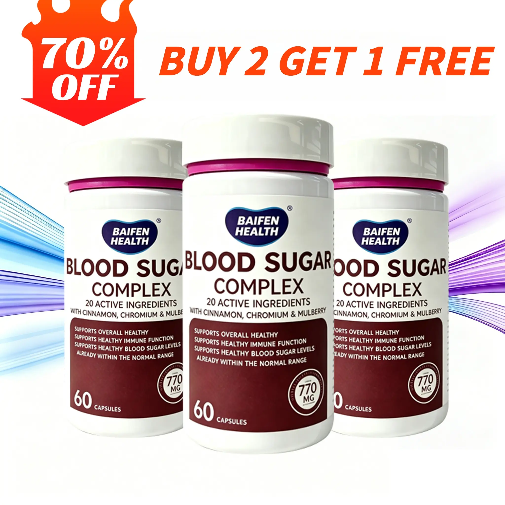 BAIFEN Energy & Blood Sugar Complex Supplement - Supports Healthy Blood Sugar Levels Already Within Normal Range All Natural with Cinnamon, Bitter Melon, Chromium, Alpha Lipoic Acid, Non-GMO