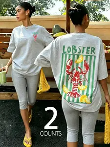 Lobster Print T-Shirt Set, Casual Loose Fit Short Sleeve + Seven-Eighths Leggings, Retro Street Style, Summer Fashion, Comfortable & Stylish