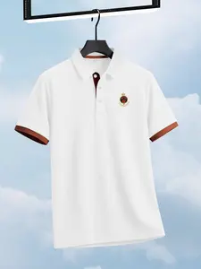 Men's Fashion Print Polo Shirt, Creative Simple Horse Pattern Short Sleeve Collared Top, Collar and Color Block Sleeves, Summer Casual Golf Shirt