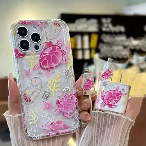 5 Piece Set Turtle Pattern Phone Case, Charger Protector, Cable Protectors, Silicone Lanyard, iPhone Accessories Gift