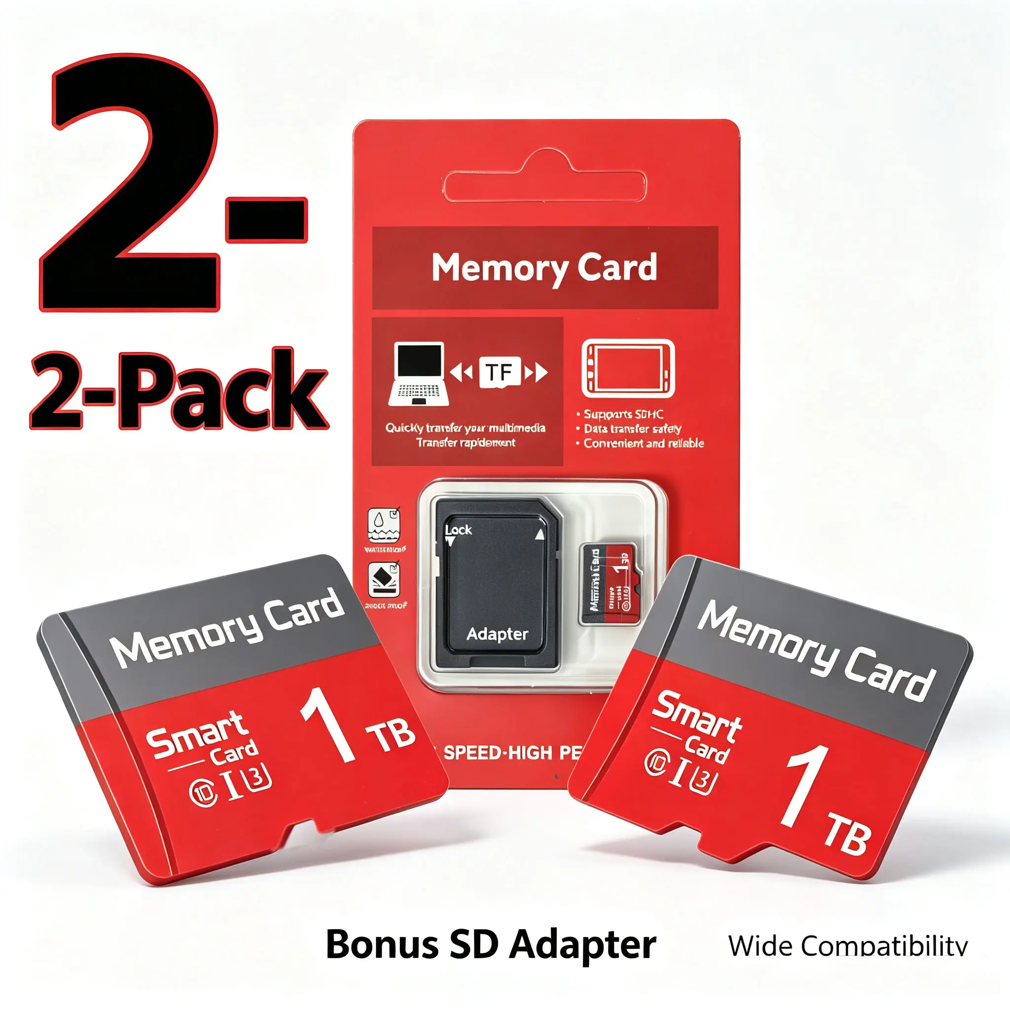 2pk 1TB, micro sd card, wide fit memory card, class 10 sd card, free 2 SD adapters, for kids camera, tablet, micro sd memory card, ideal for stable multimedia storage