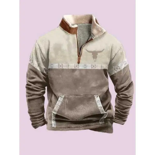 Men's Western Sweatshirt 1/4 Zip Vintage Ethnic Pattern Aztec Pullover Menswear Retro Hoodie Polyester Small Tops Long Sleeve Cotton Casual Fashionable Outerwear Classic